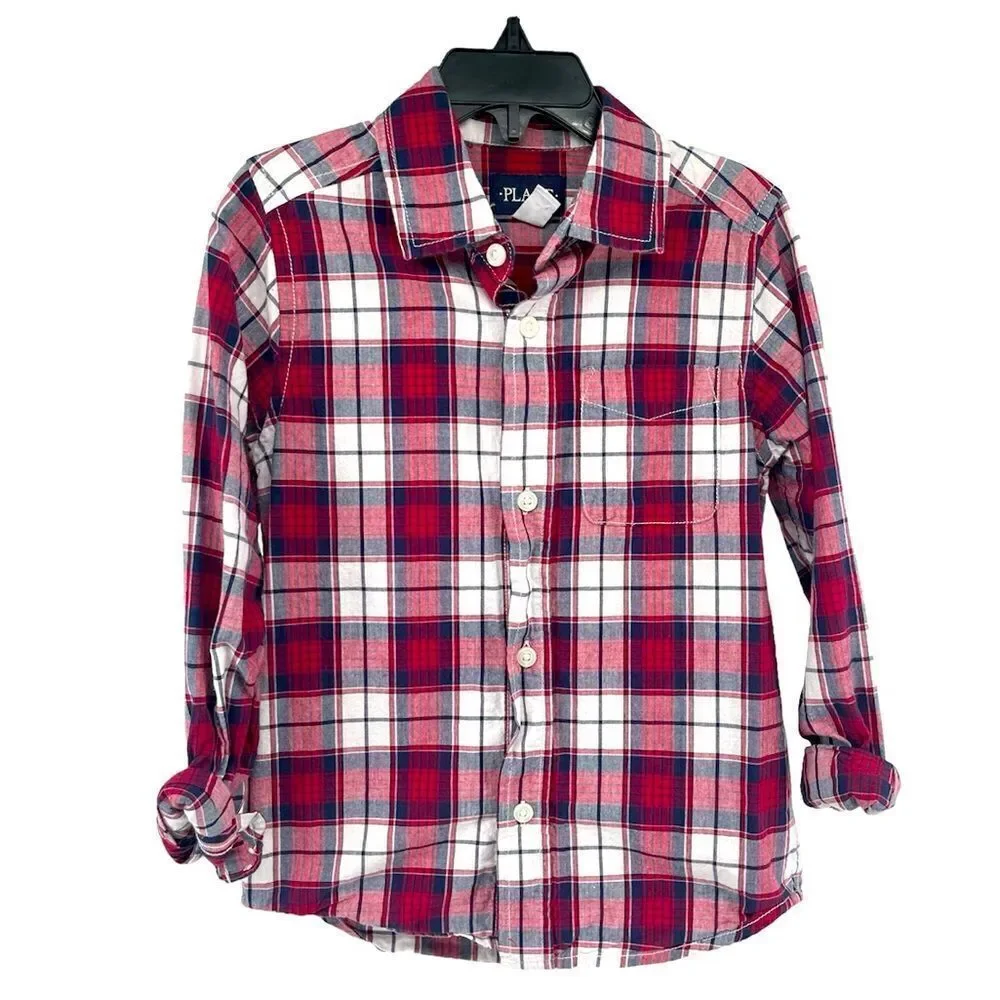 The Children’s Place Boy’s Classic Red Plaid Cotton Poplin Button Down Shirt 5/6
